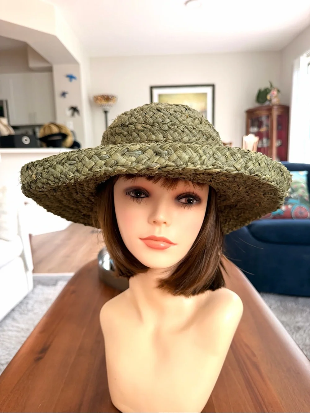 Olive Green Thick Woven Straw Wide Brim Boho Hat